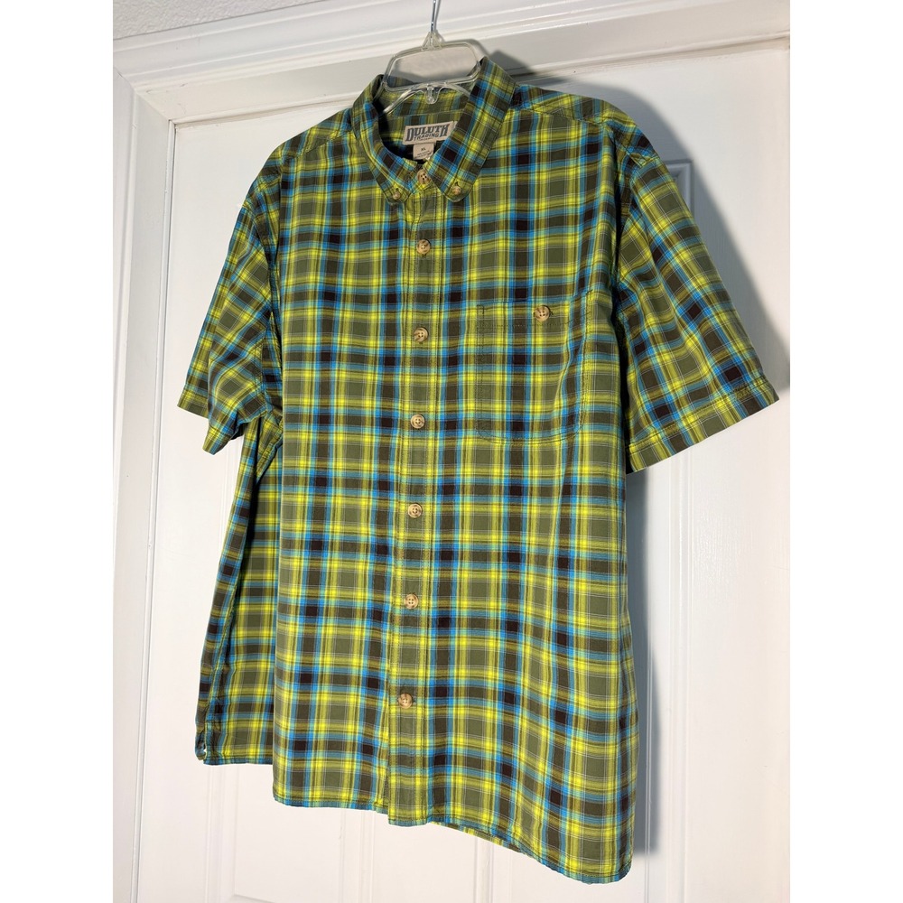 Duluth Trading Co Men XL Relaxed Fit Short Sleeve Plaid Button Down Green Shirt